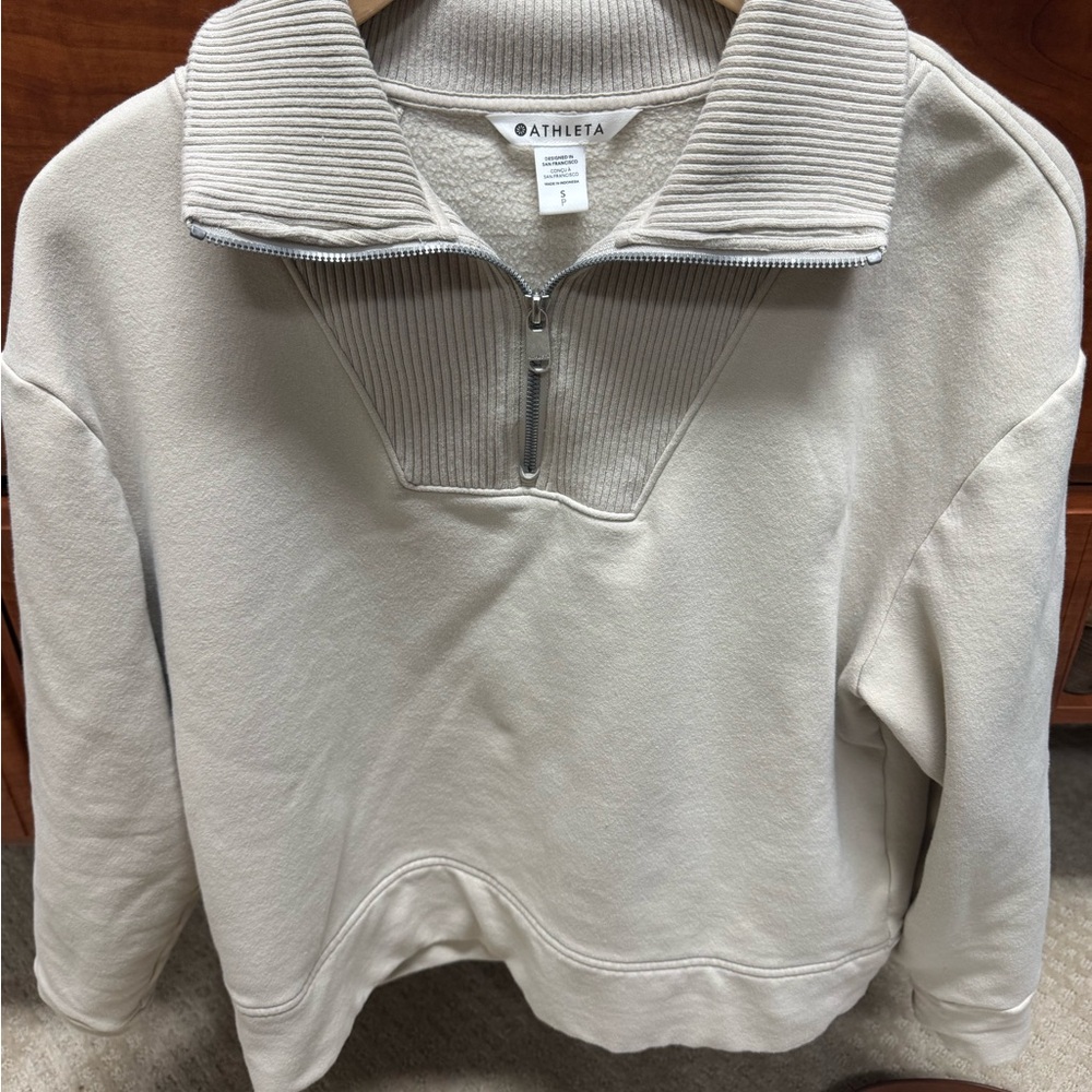Athleta Beige Ribbed Quarter-Zip Pullover
